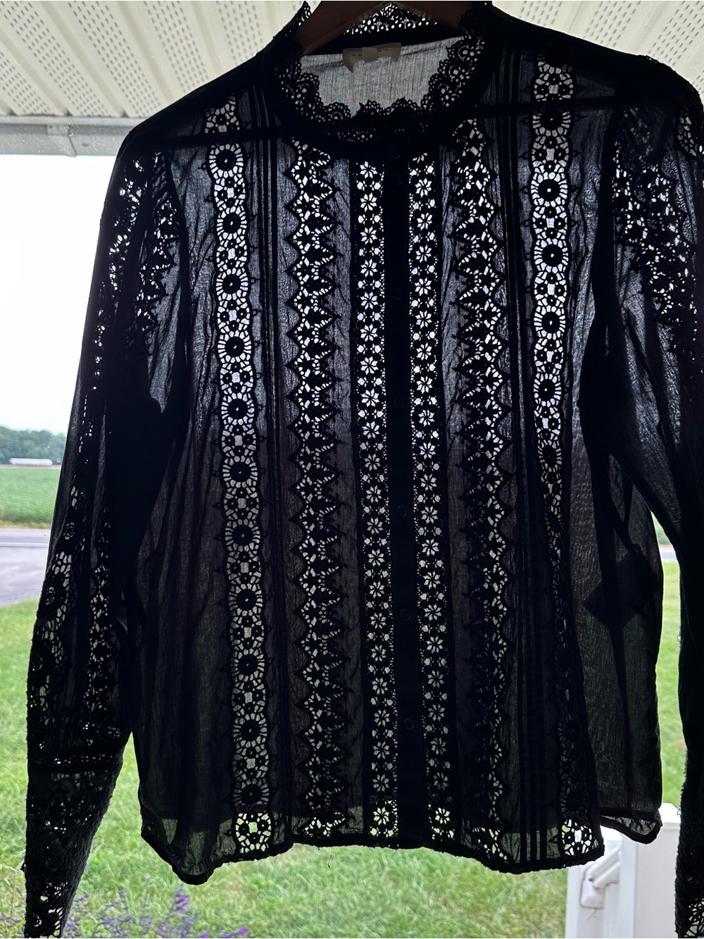 Sézane Black Rym Shirt Blouse Cotton Lace Eyelet FR 44 / US 12 sheer lace eyelet
